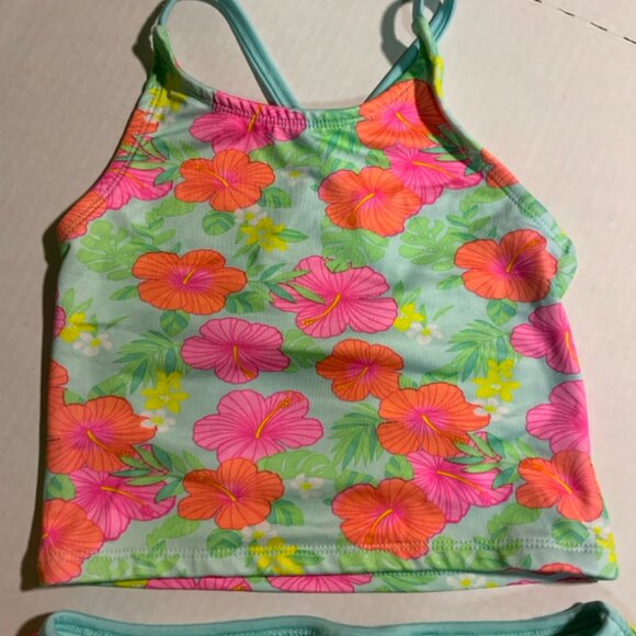 Bobbie Brooks Girls Medium 7/8 2 PC Tankini Teal Tropical Flowers Swimsuit‎ (I) - Picture 2 of 6
